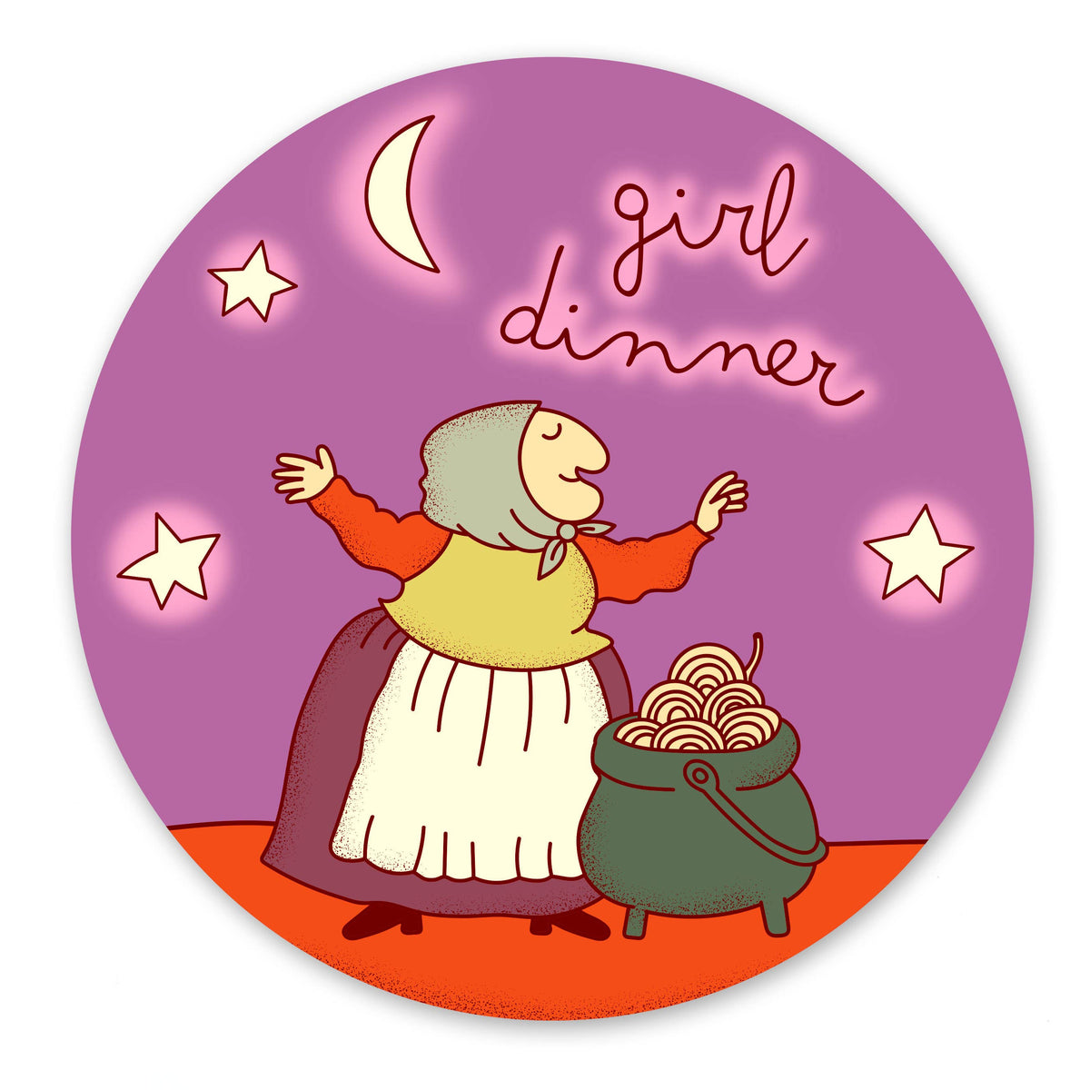 Circular sticker with a fairy tale character, pot of gold, and &