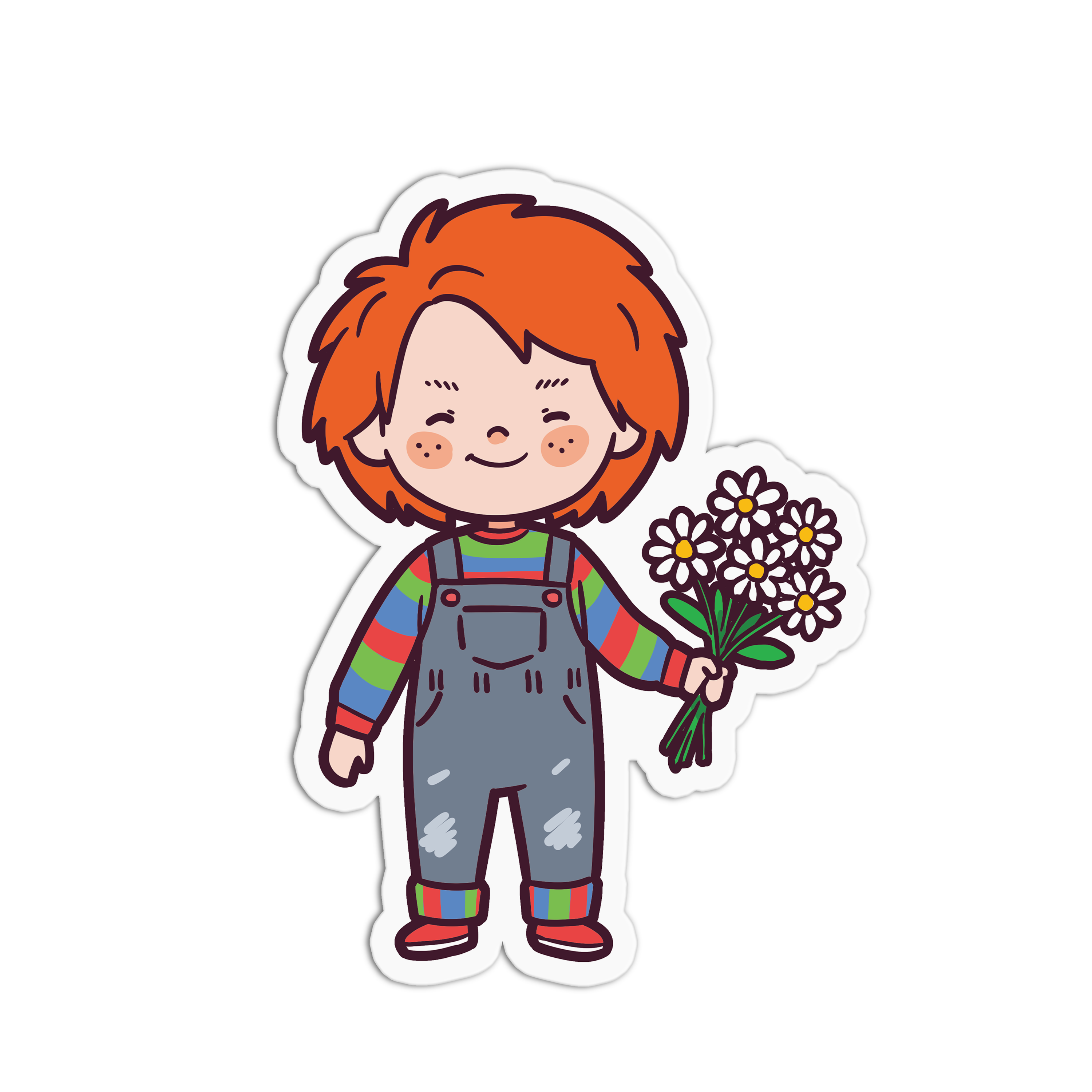 Cartoon character with red hair and colorful outfit holding flowers on a white background