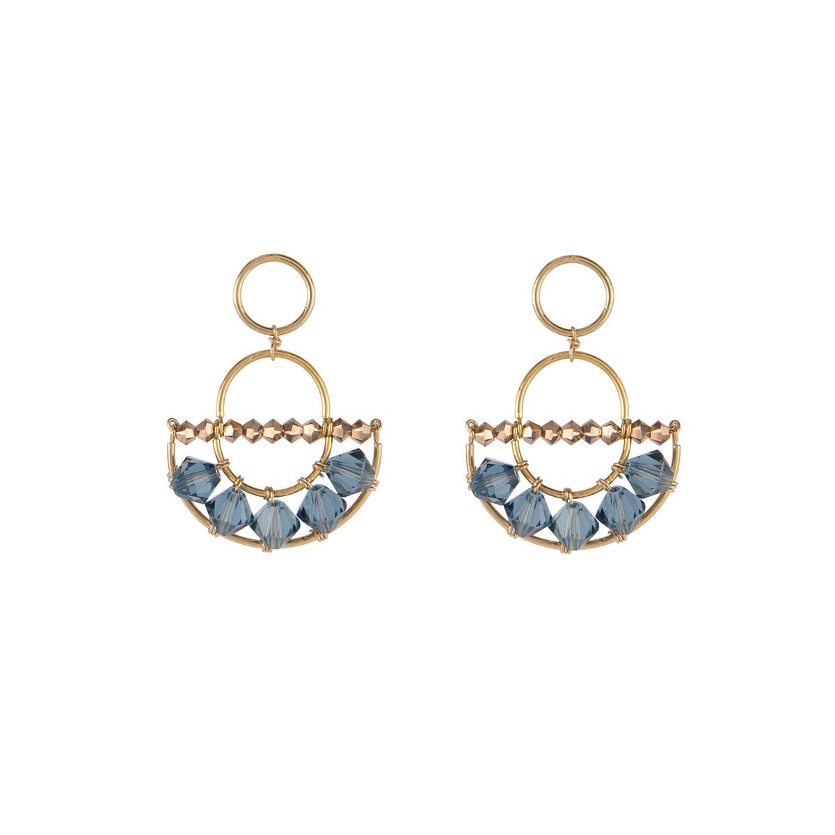Olakira handmade Maasai beadwork rose gold half moon earrings with blue Swarovski crystal by Sidai Designs, ethical artisan jewelry Tanzania