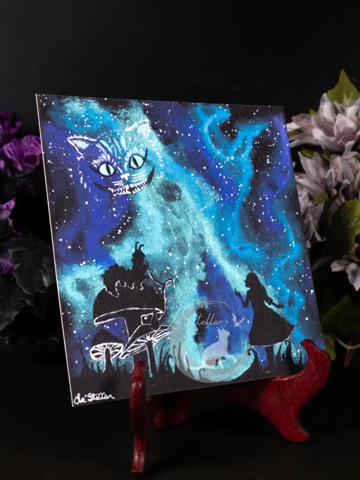 Alice in Wonderland Galaxy Print: Cosmic Cheshire Cat Acrylic Hand-painted Art (8x8)