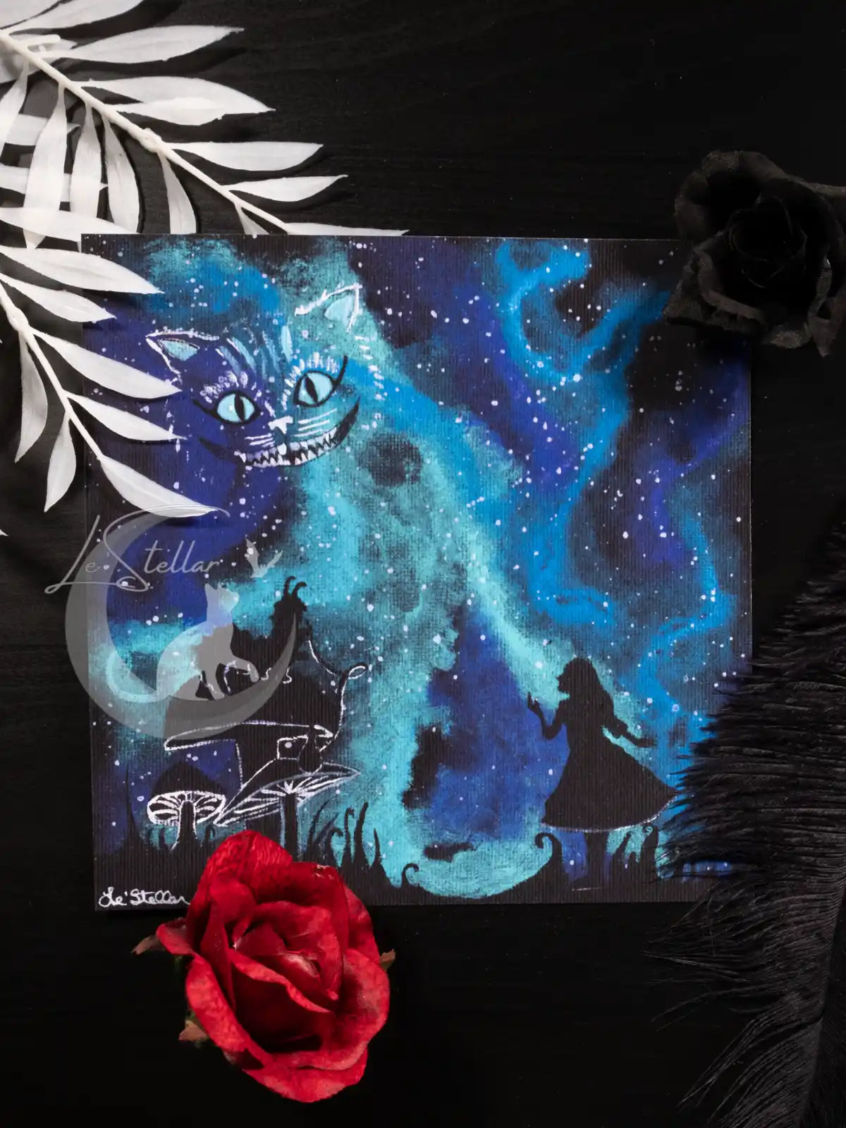 Alice in Wonderland Galaxy Print: Cosmic Cheshire Cat Acrylic Hand-painted Art (8x8)