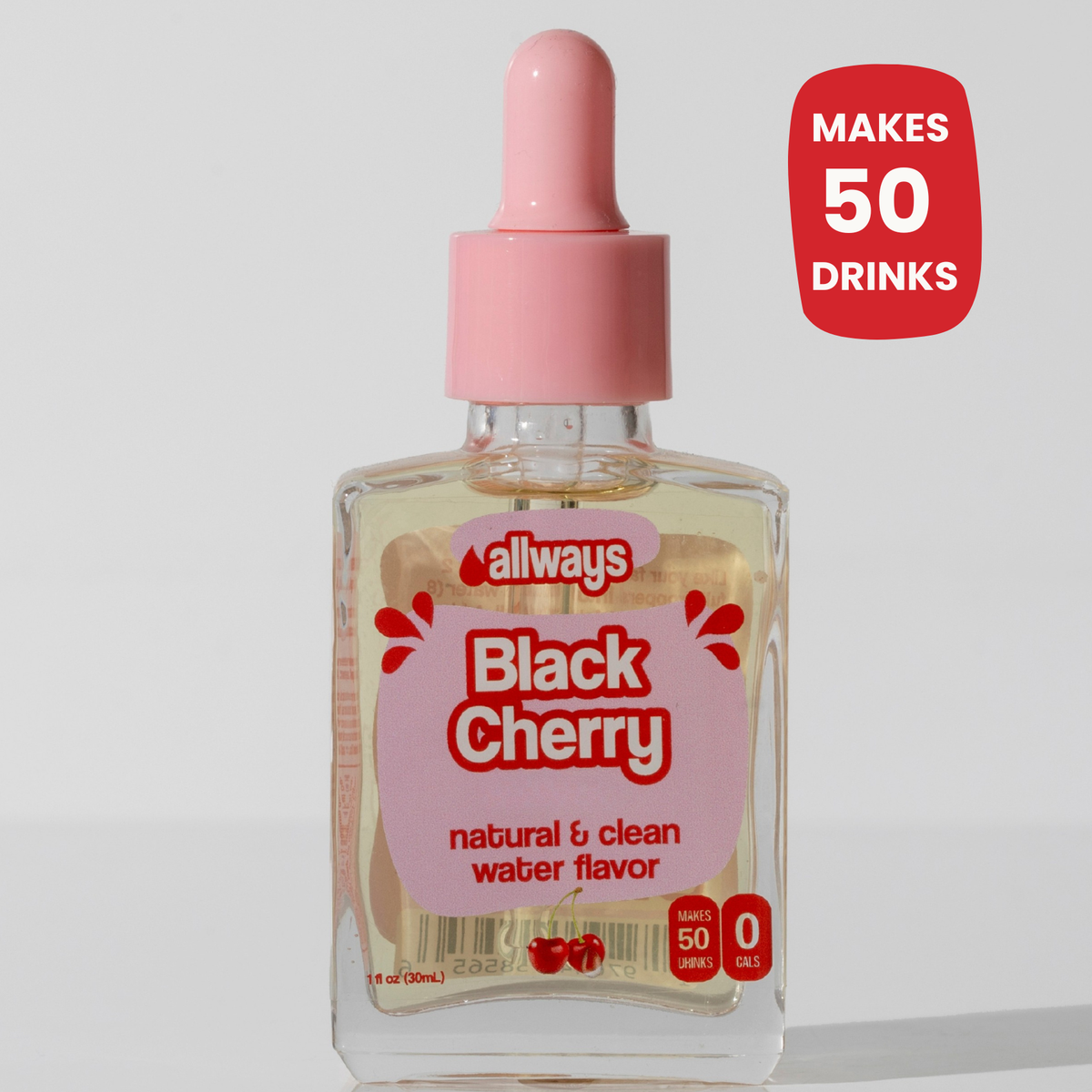 Bottle of Allways Black Cherry water flavor with pink cap on a light gray background