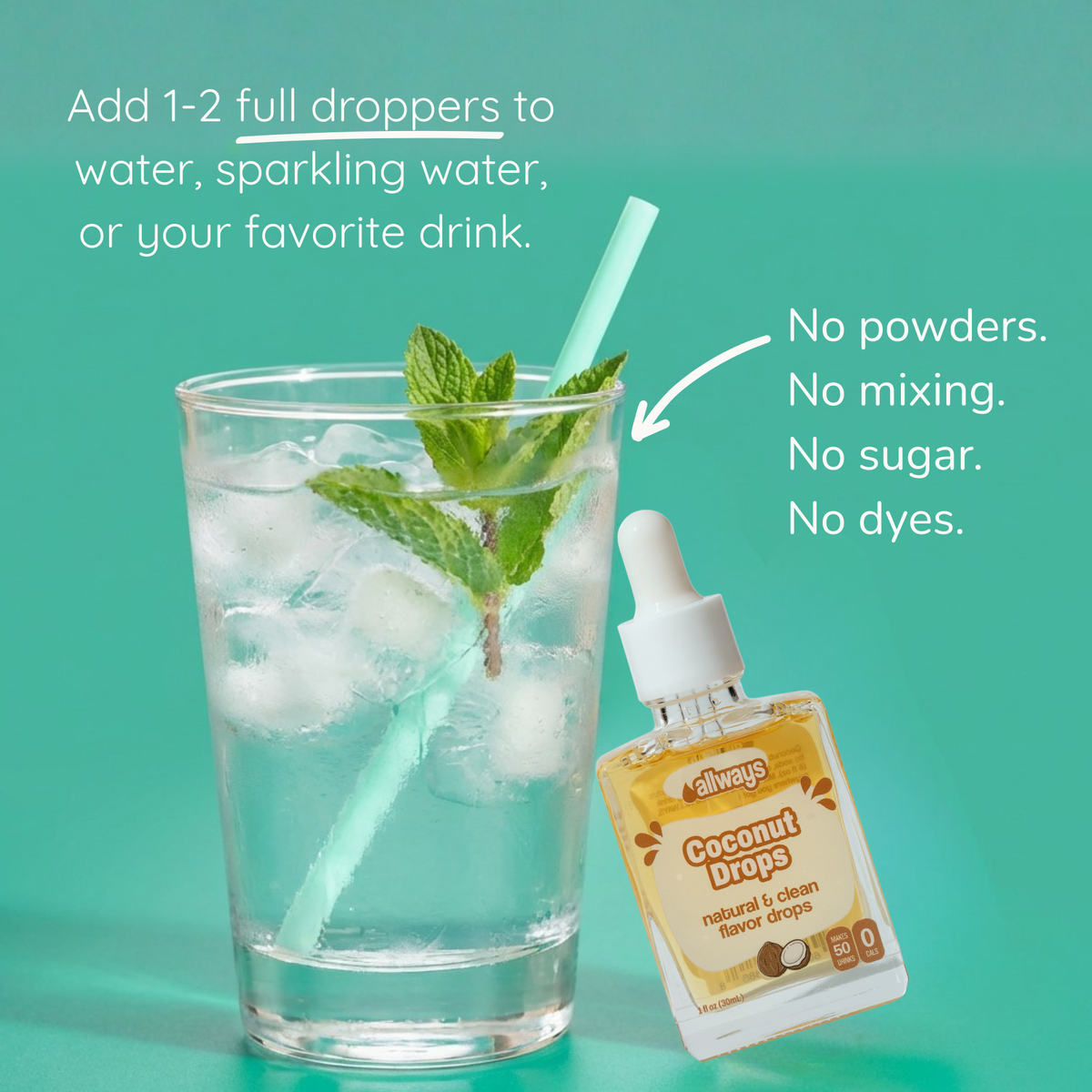 Glass of water with ice and mint, next to a bottle of &