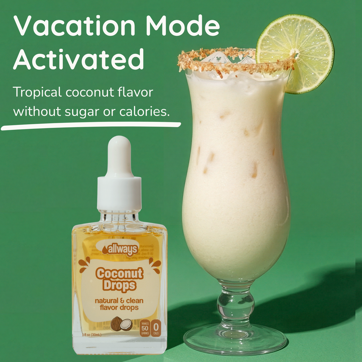 Tropical coconut flavored drink with a bottle labeled &
