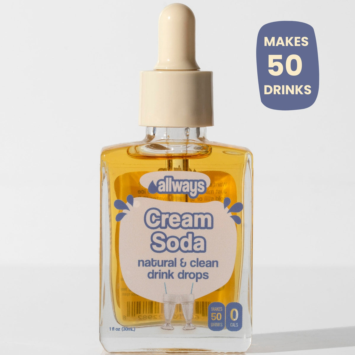Bottle of Allways Cream Soda drink drops with a dropper on a light gray background