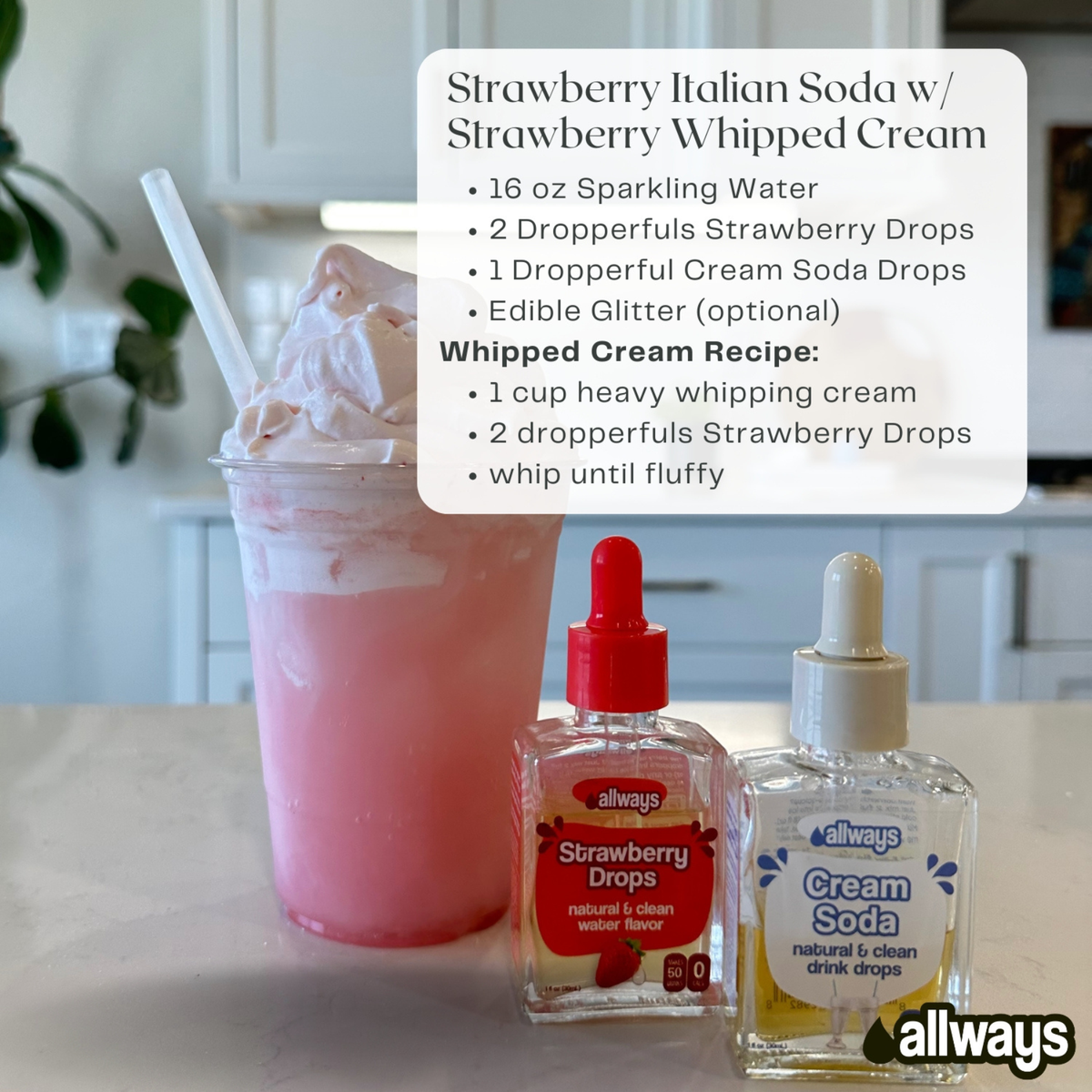 Strawberry Italian Soda with whipped cream and ingredients on a kitchen counter