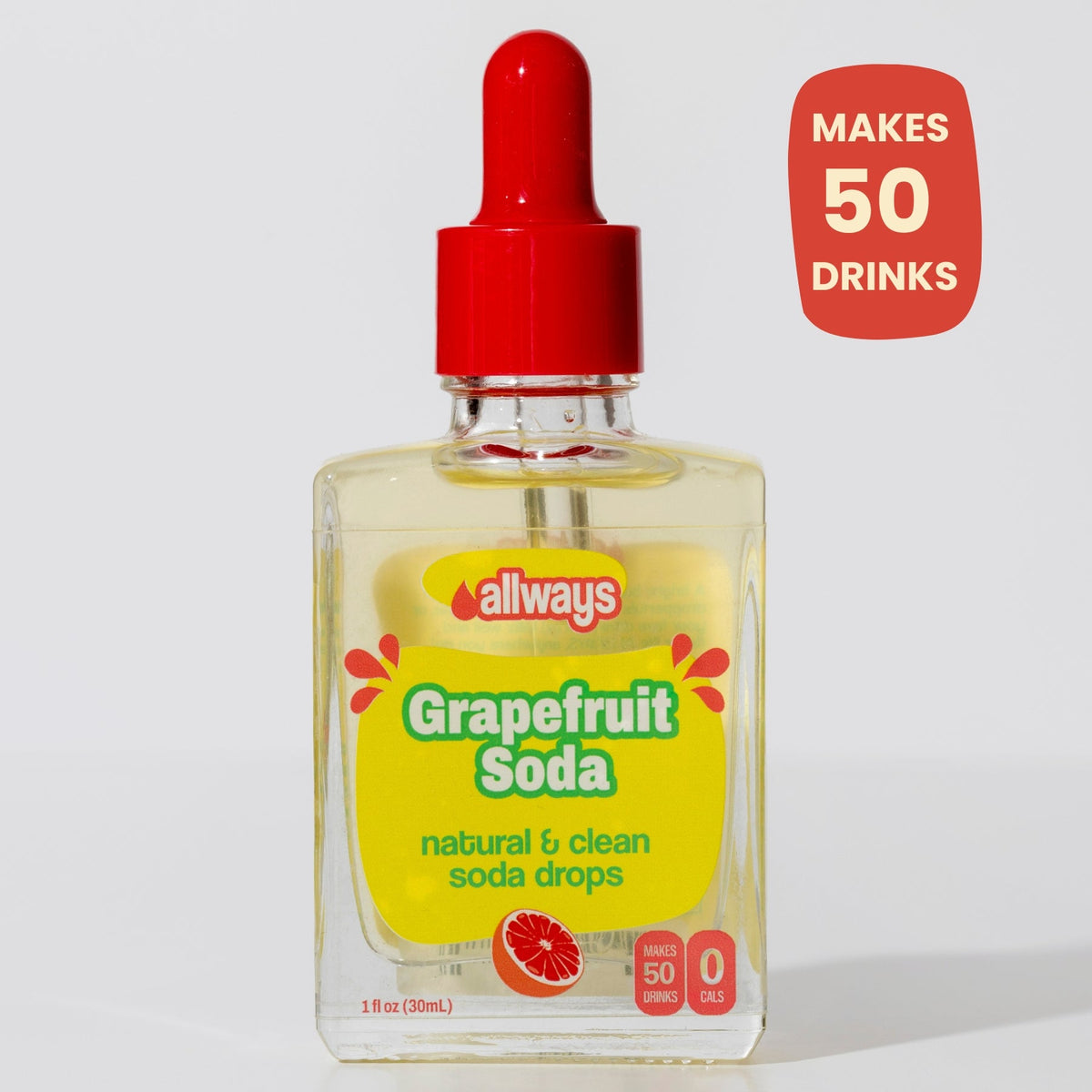Bottle of Allways Grapefruit Soda with a red dropper on a white background