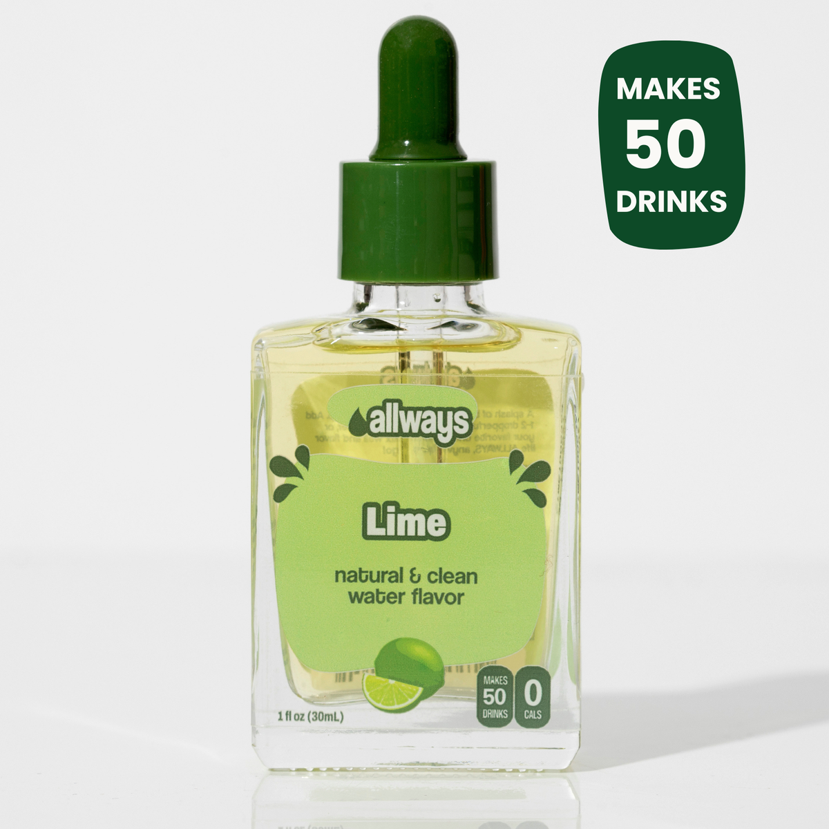 Bottle of lime-flavored water with a green dropper cap on a white background