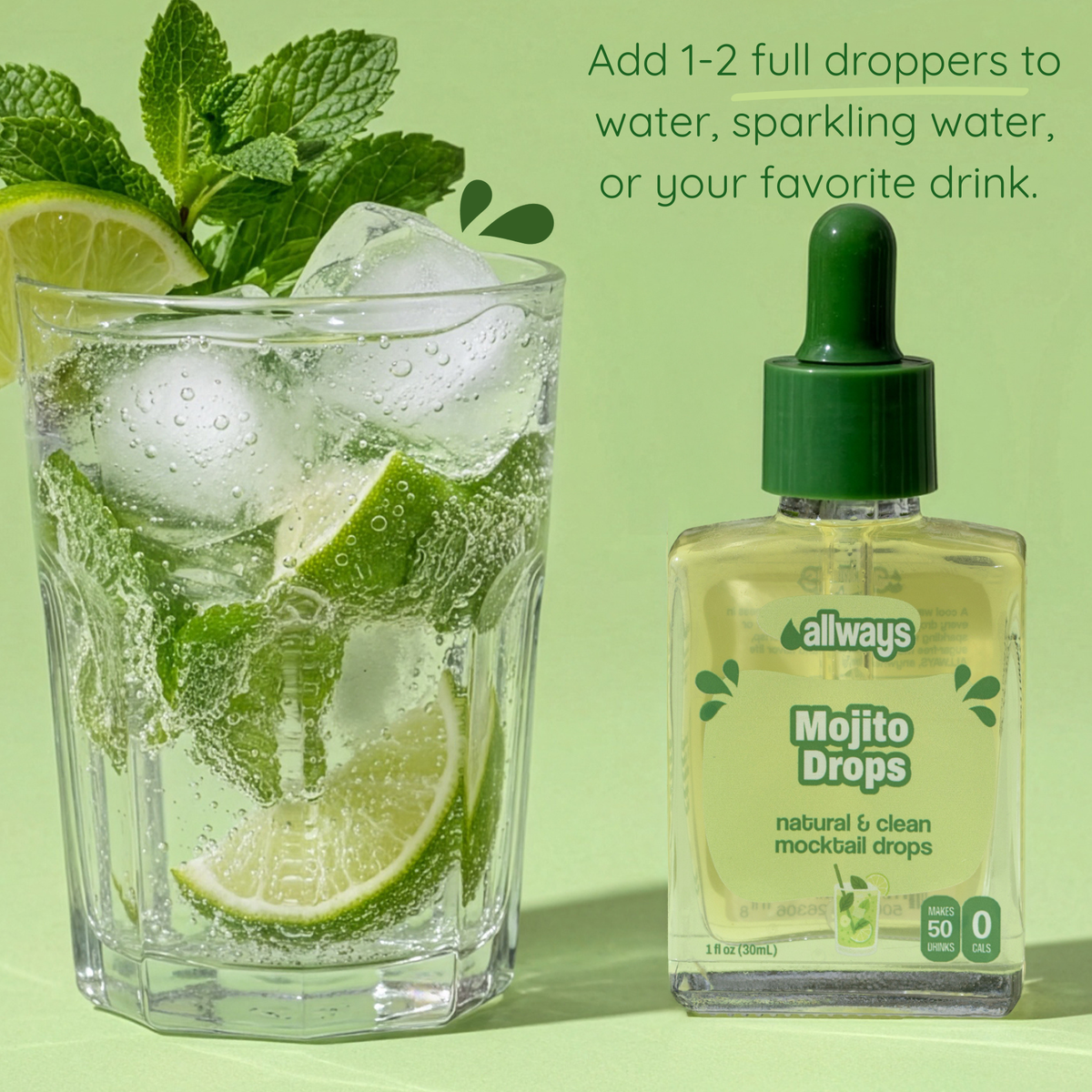 Glass of mojito with lime and mint leaves next to a bottle of &