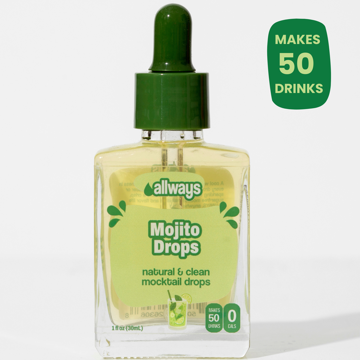 Bottle of allways Mojito Drops with green cap on a white background