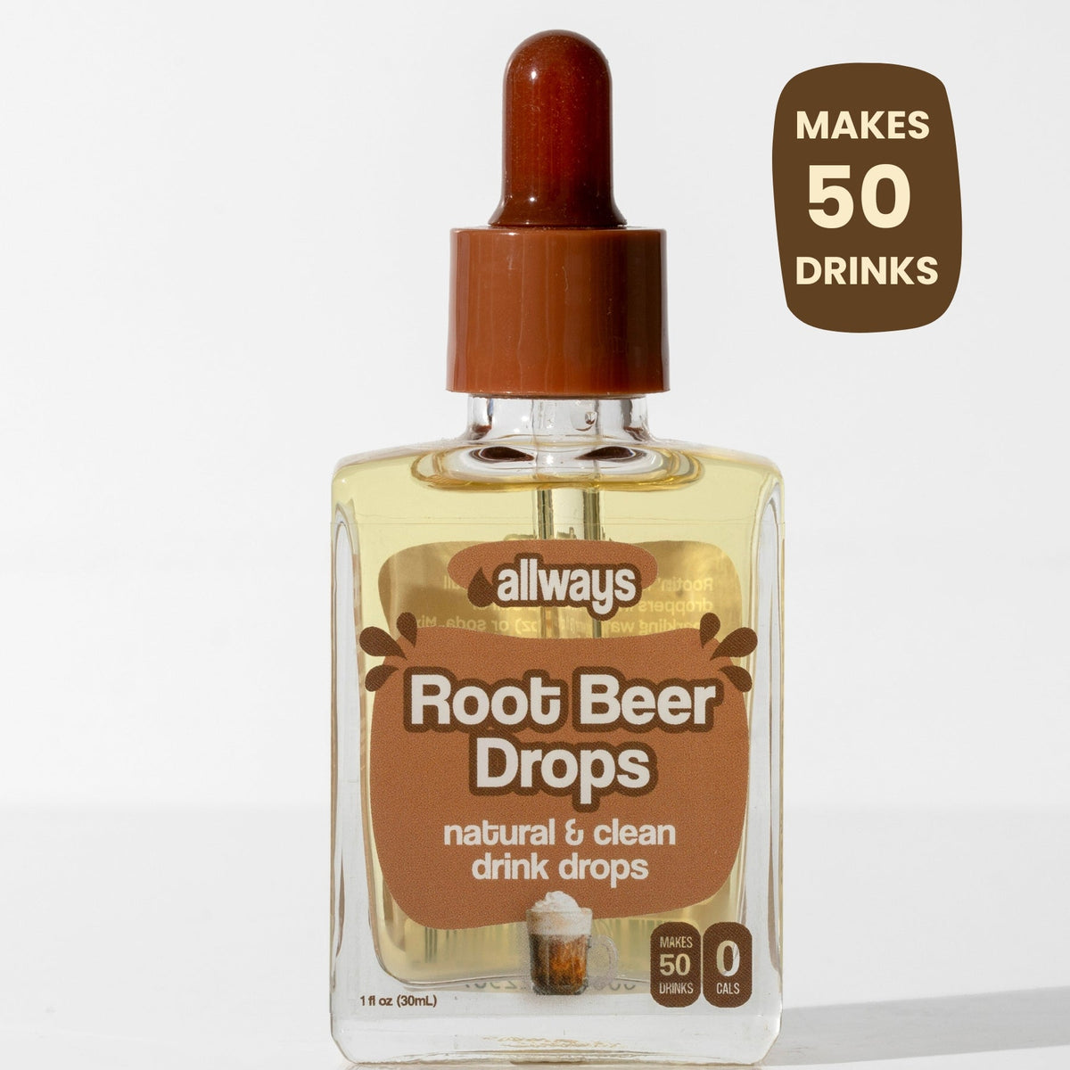 Bottle of allways Root Beer Drops with a dropper on a white background