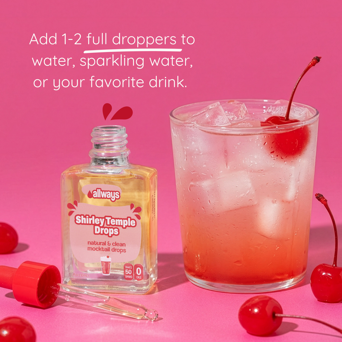 Shirley Temple Drops bottle with a glass of cherry-themed drink on a pink background