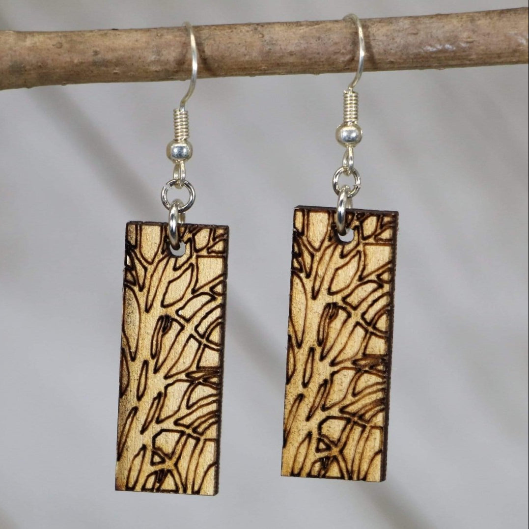 Hand-painted wooden Art Nouveau tree bar dangle earrings with flowing nature-inspired design and hypoallergenic sterling silver hooks, lightweight tree statement jewelry earrings for botanical and vintage style