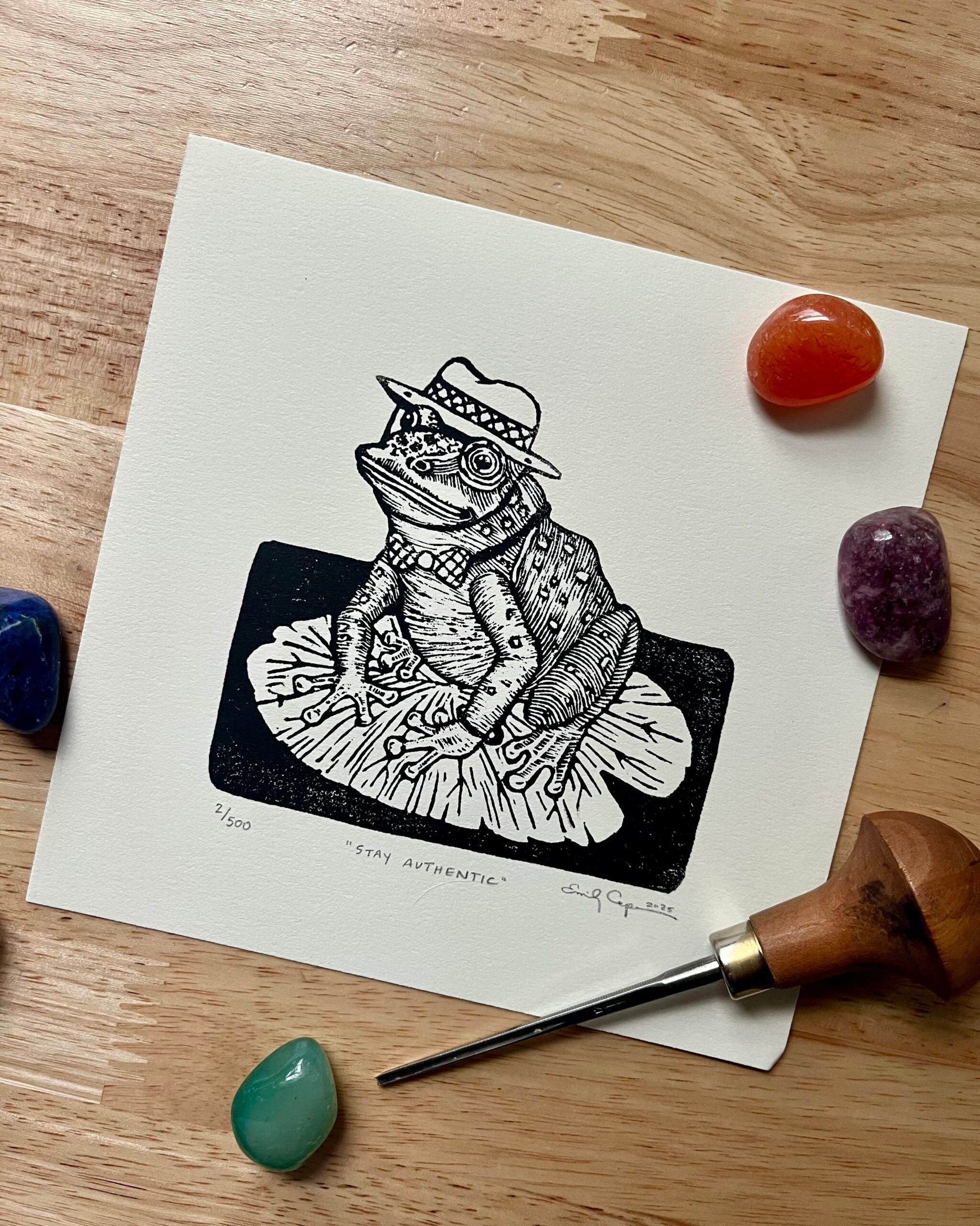"Stay Authentic" signed edition linocut - whimsical frog print