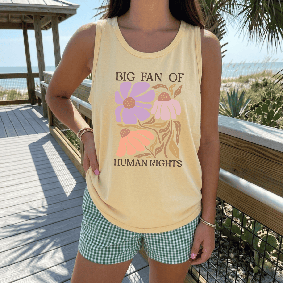 Big Fan of Human Rights floral tank top featuring retro purple and peach flowers on Comfort Colors butter yellow tank