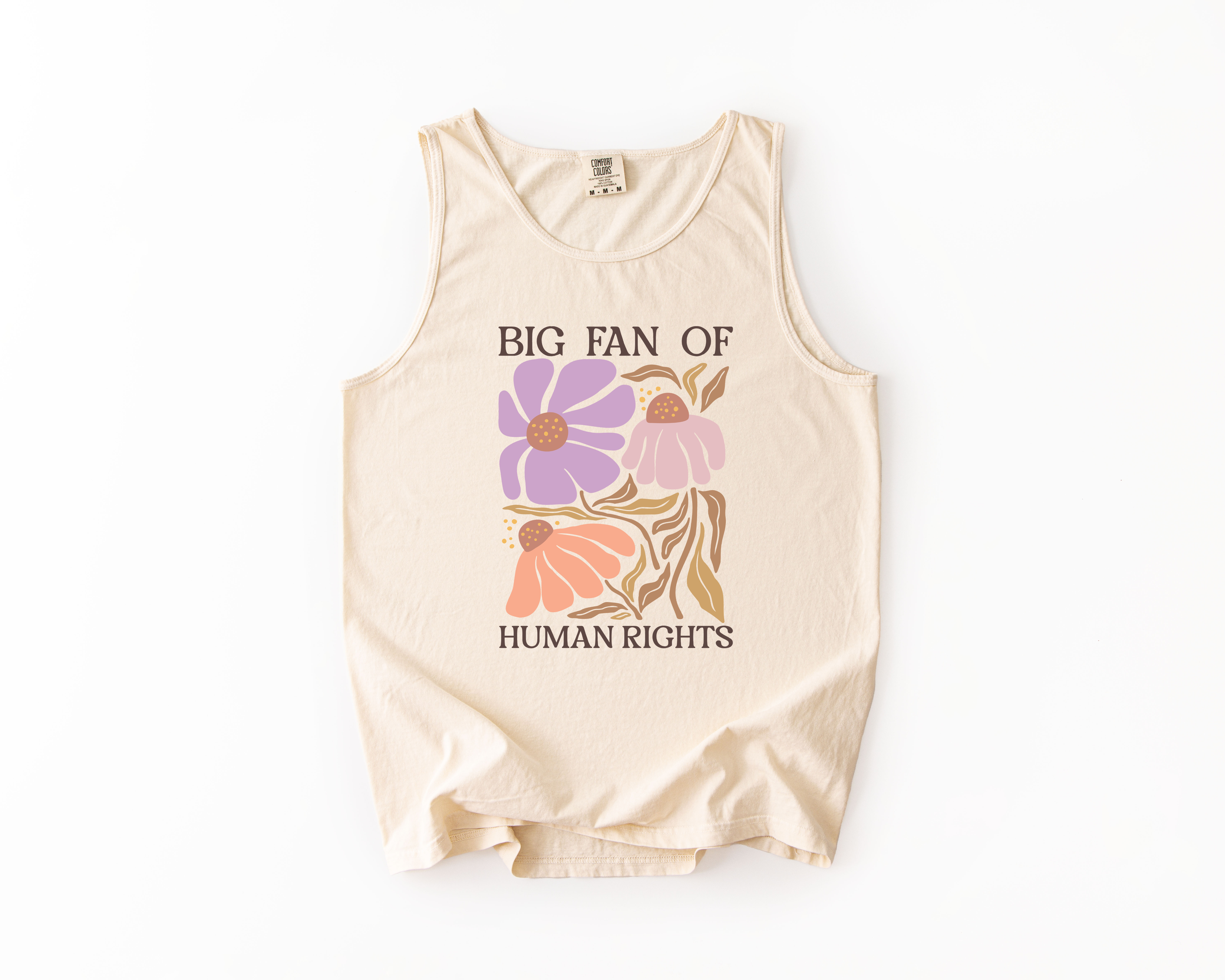 Beige tank top with floral design and text on a white background
