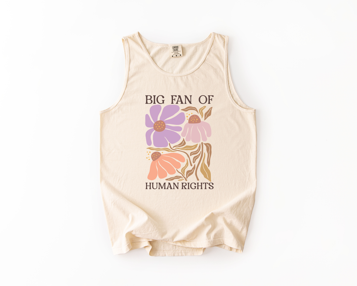 Beige tank top with floral design and text on a white background
