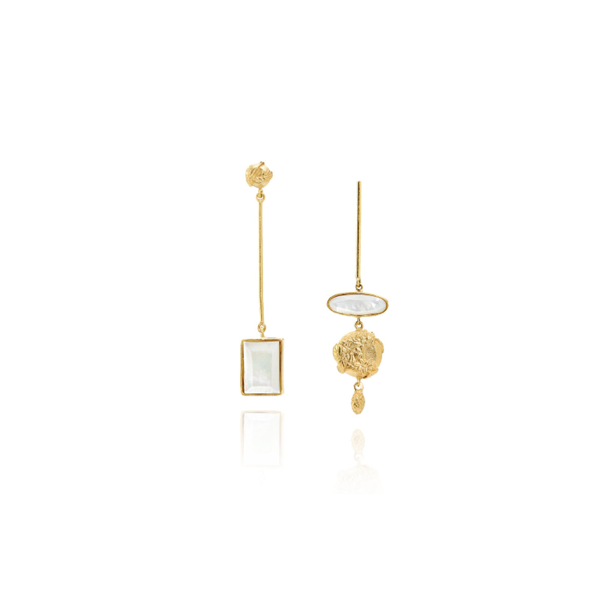 handcrafted asymmetric gold earrings, mother of pearl, flat lay