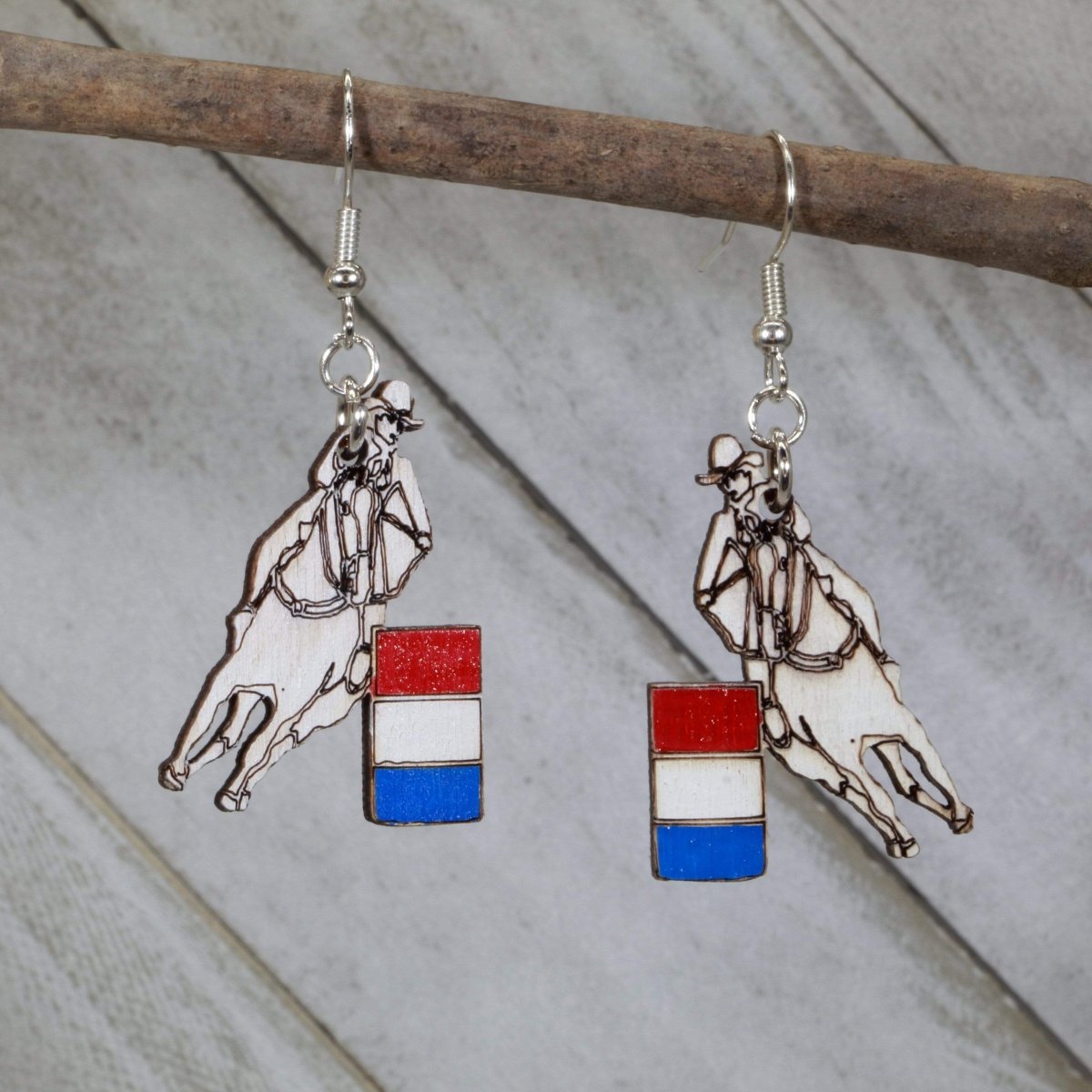Hand-painted wooden barrel racing dangle earrings with rodeo western design and hypoallergenic sterling silver hooks, lightweight cowboy statement jewelry earrings for horse lovers and country style