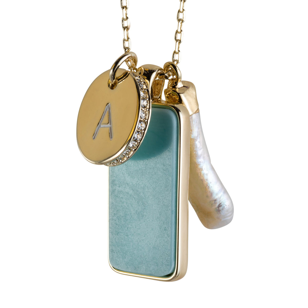 mantoloking charm necklace with semi-precious turquoise pendant freshwater stick pearl and disc charm with inital A