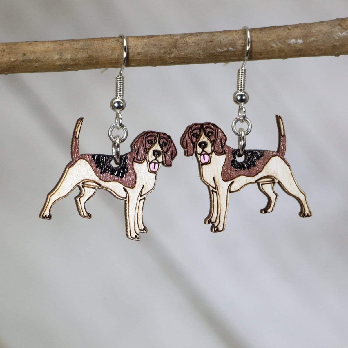 Hand-painted wooden beagle dangle earrings with cute dog lover design and hypoallergenic sterling silver hooks, lightweight beagle statement jewelry earrings for pet lovers