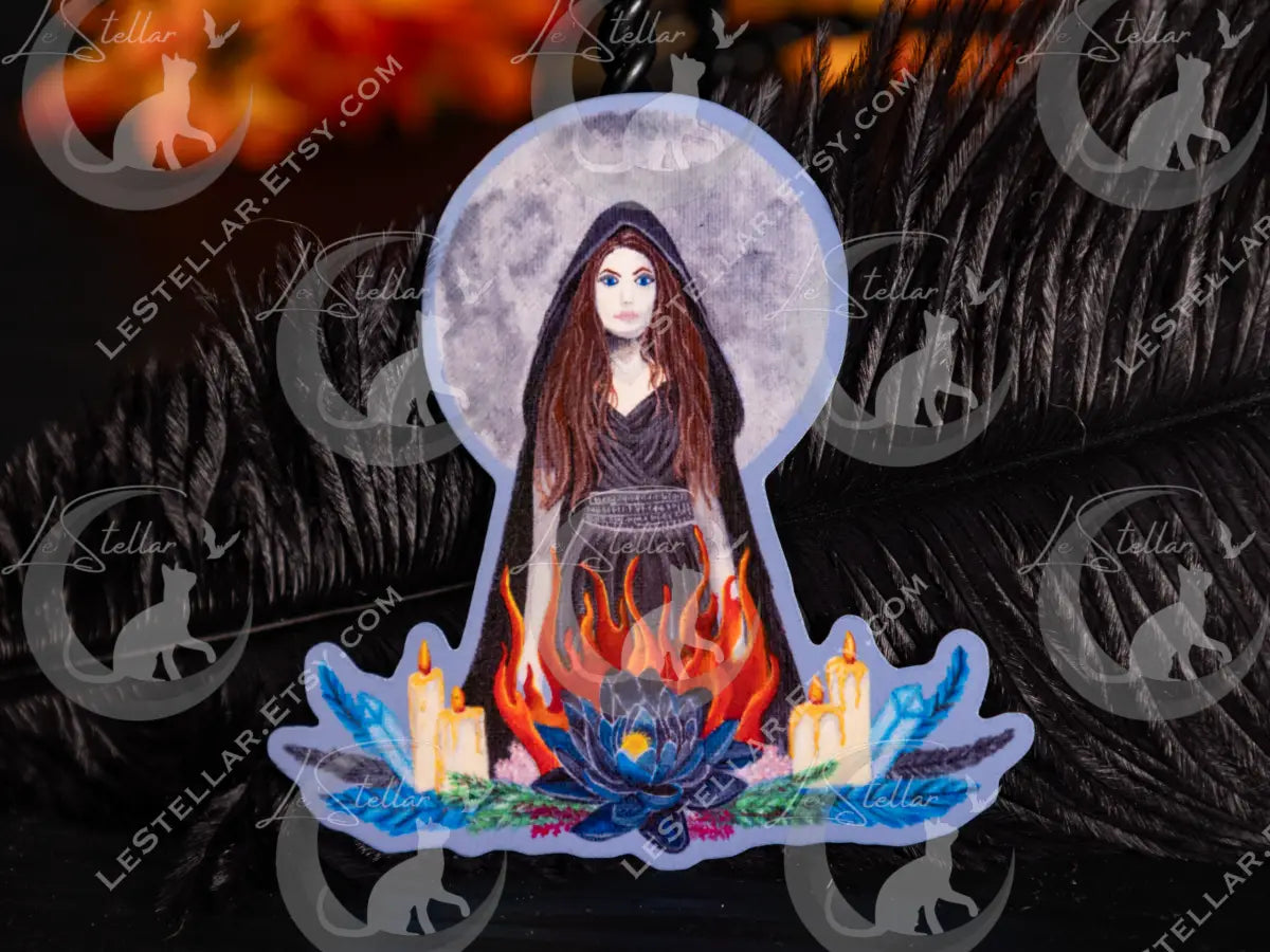 Witch Sticker: Full Moon, Flames, Crystals with Original Hand-Painted Art