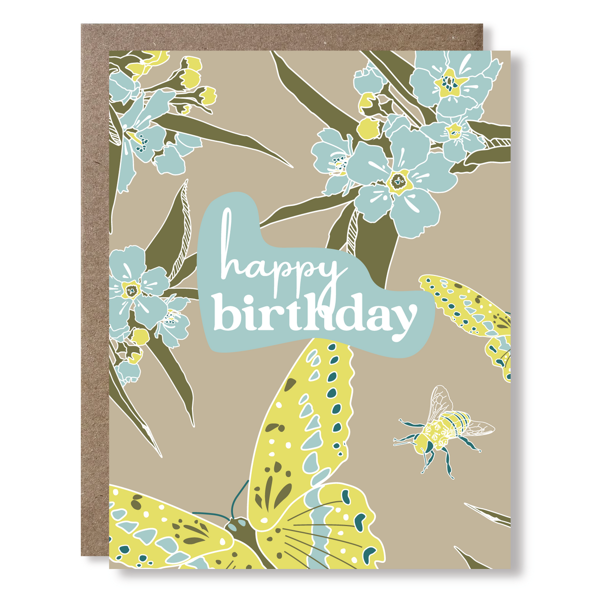 Birthday card with floral design, butterfly, and bee on a beige background