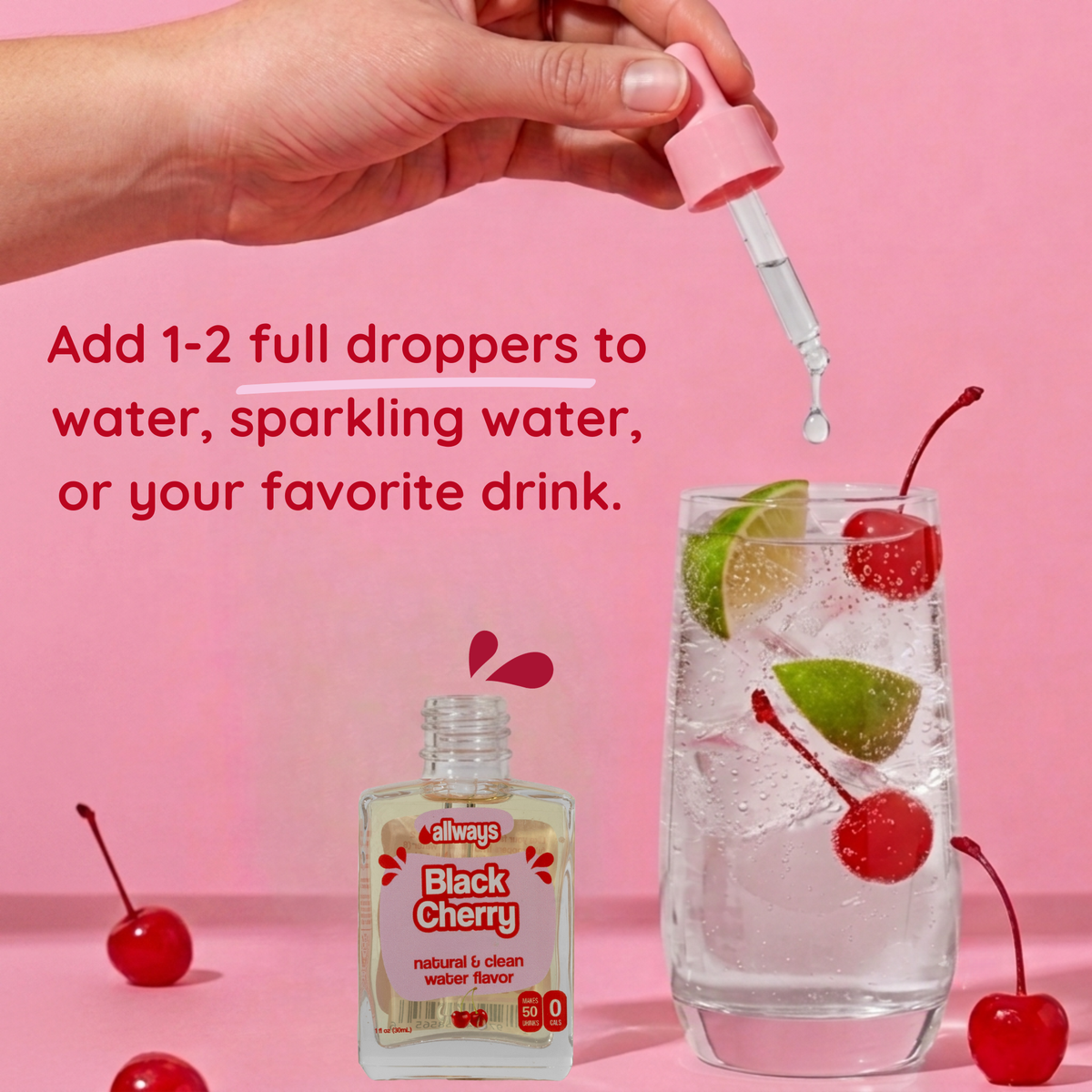Hand using a dropper to add a liquid to a glass of water with cherries and lime, with product packaging displayed.