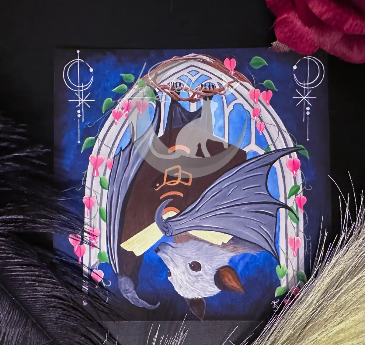Flying Fox Art Print: Gothic Bat, Dark Academia Decor Acrylic Painting