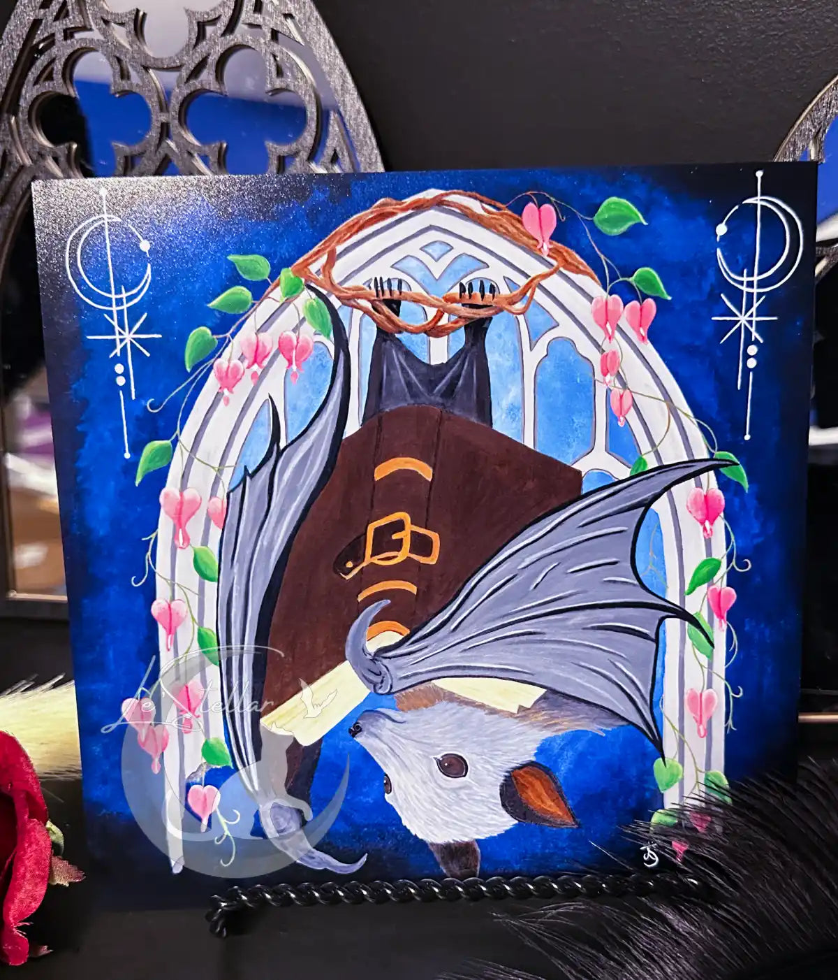 Flying Fox Art Print: Gothic Bat, Dark Academia Decor Acrylic Painting