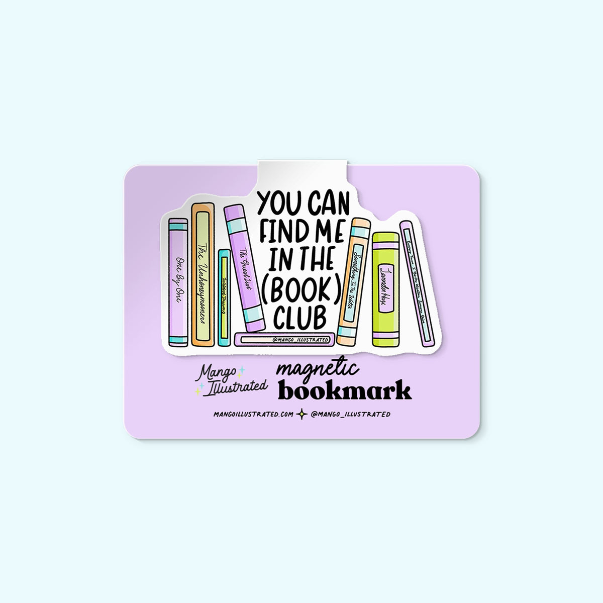 In the Book Club magnetic bookmark detail — hand lettered book club page marker on a book by indie artist MangoIllustrated