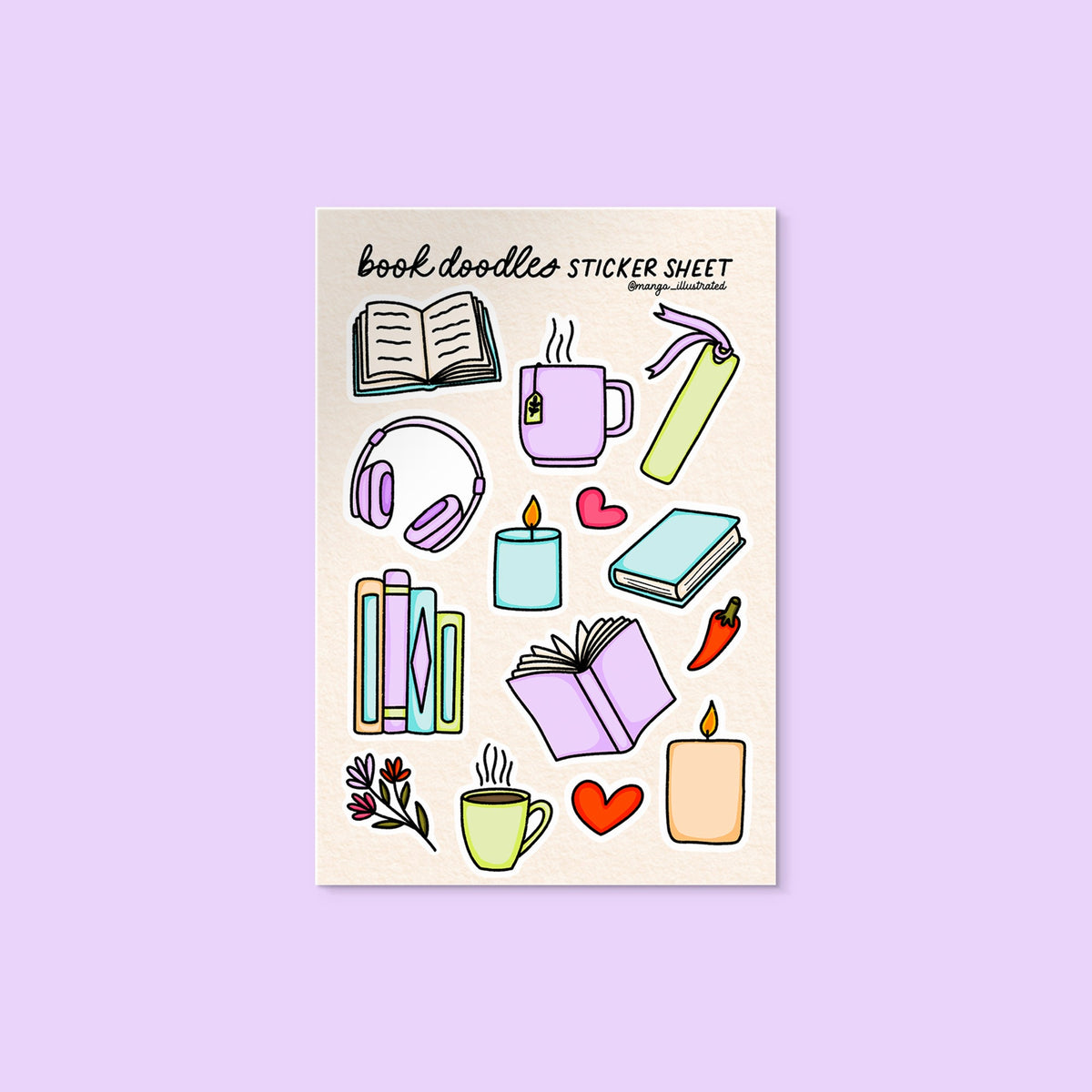 Book Doodles Sticker Sheet flat lay — illustrated bookish sticker sheet by indie artist MangoIllustrated