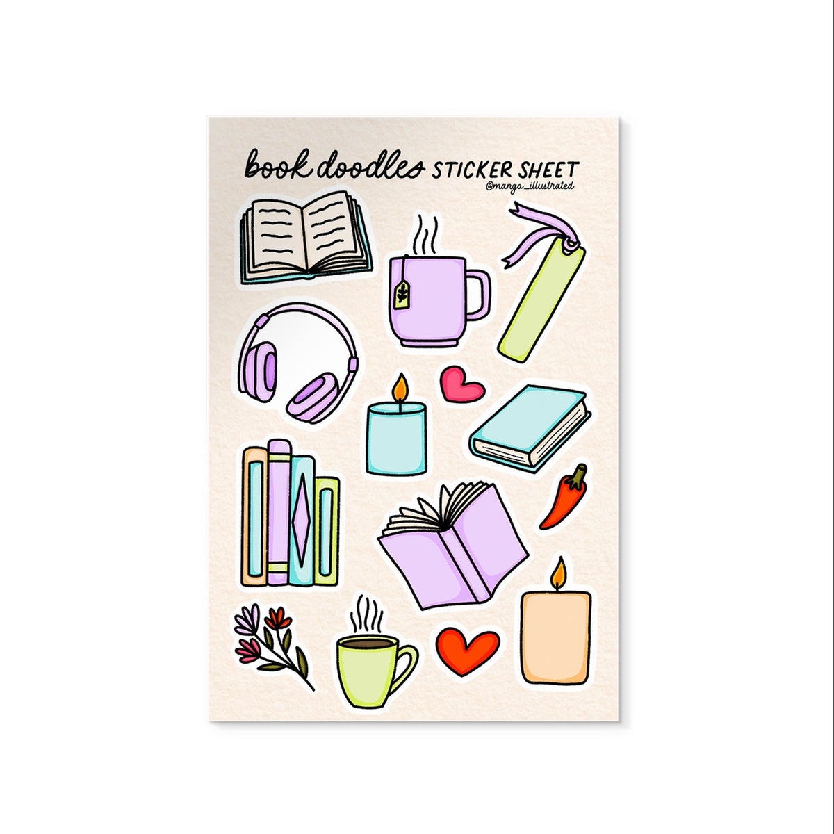 Book Doodles Sticker Sheet — 14 hand drawn book themed illustrated stickers on 4x6 in sheet by MangoIllustrated
