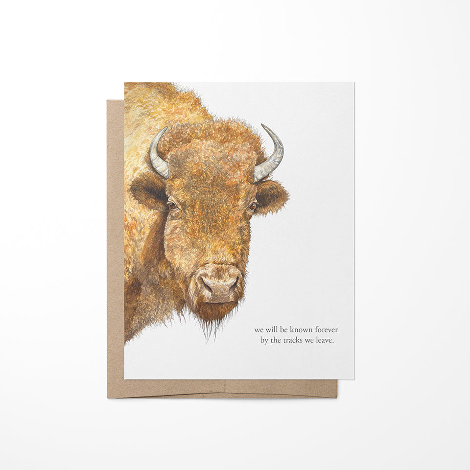 A greeting card featuring a watercolor painting of a buffalo&