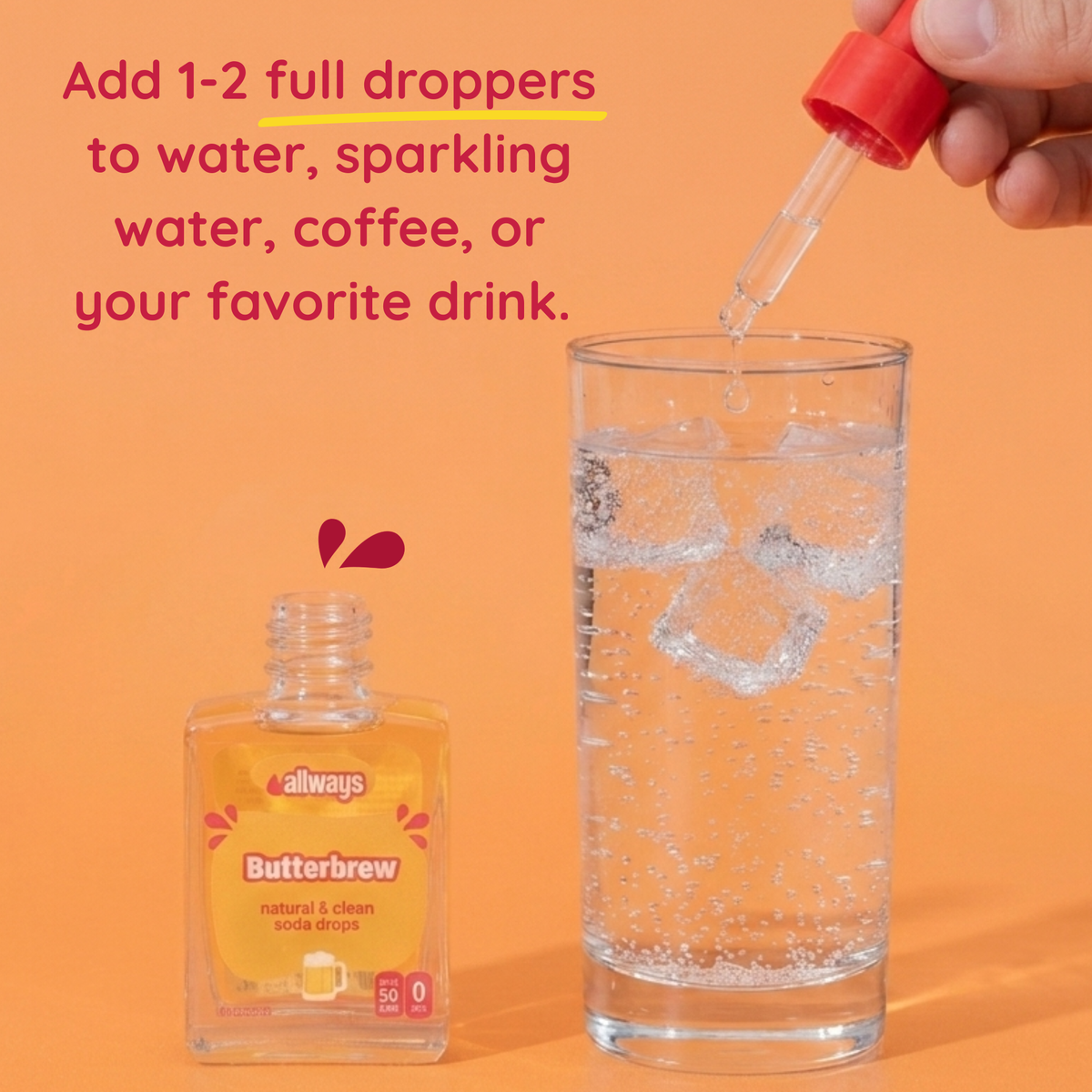 Butterbrew bottle being used to add drops into a glass of sparkling water on an orange background.