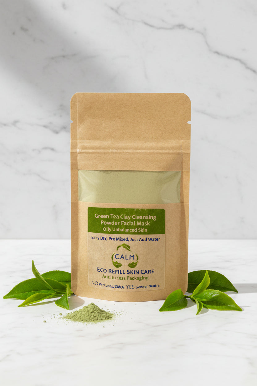 A pouch of CALM Skin Care Green Tea Cleansing Powder Facial Mask, with product details and branding visible.
