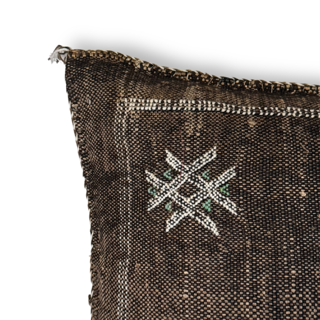 Dark Brown Sabra Cactus Silk Kilim Pillow Cover | Handwoven Moroccan Home Decor