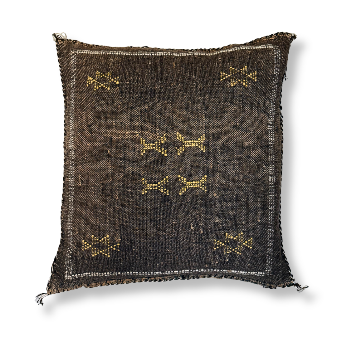 Dark Brown Sabra Cactus Silk Kilim Pillow Cover | Handwoven Moroccan Home Decor
