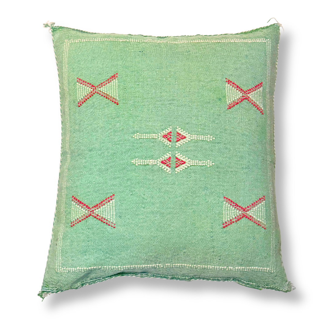 Green Sabra Cactus Silk Kilim Pillow Cover | Handwoven Moroccan Home Decor