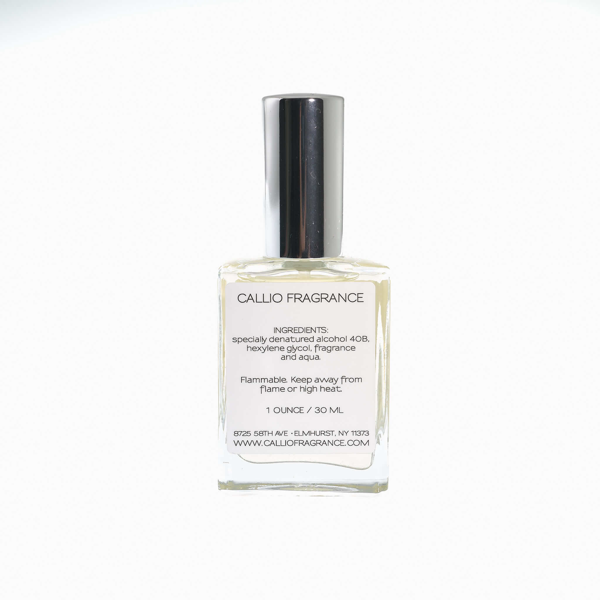Image of the ingredient label on a bottle of Callio Fragrance perfume. The label lists various ingredients used in the perfume formulation.
