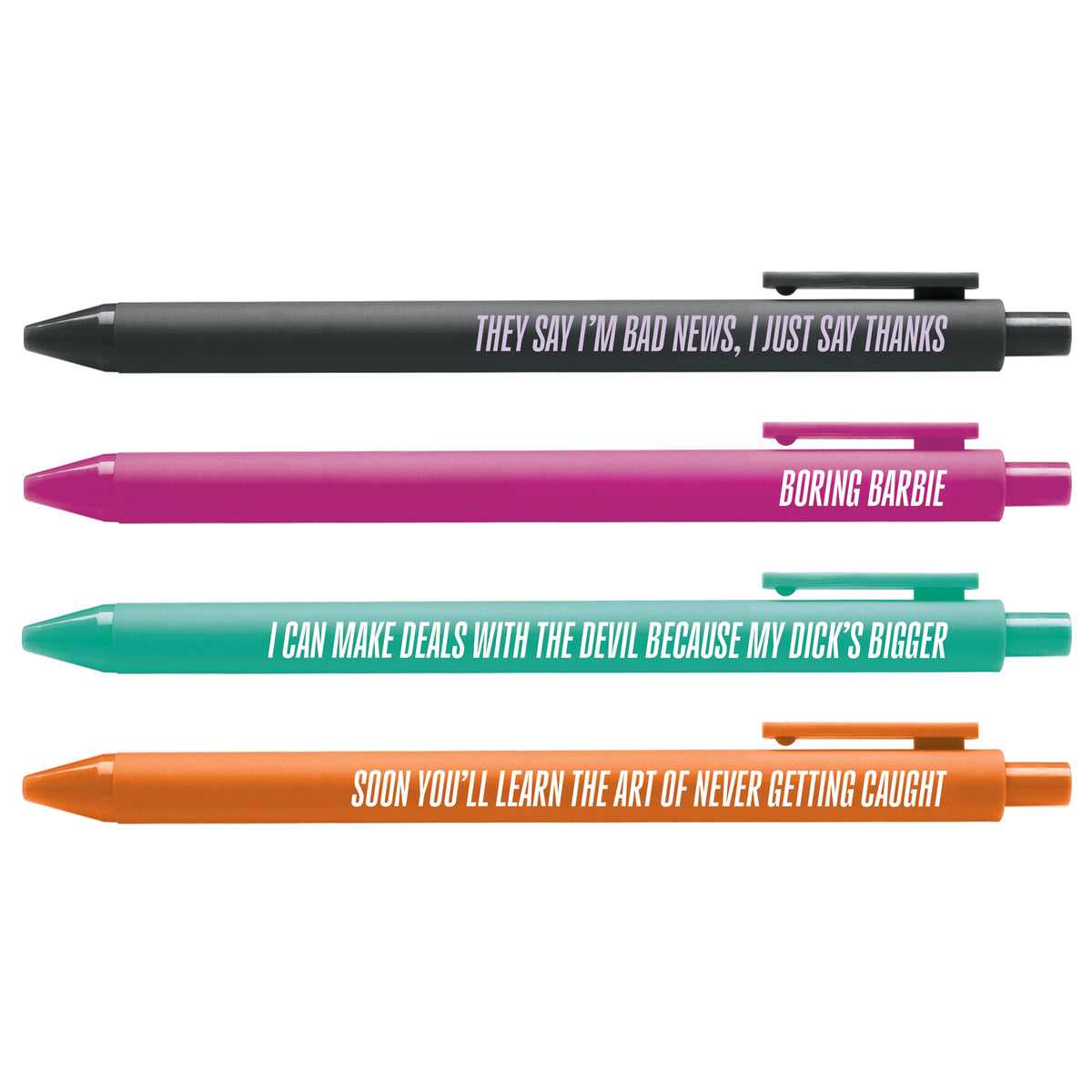 CANCELLED! Pen Set — 4 jotter gel pens with unbothered one-liners, 0.5mm fine point black gel ink, by MangoIllustrated