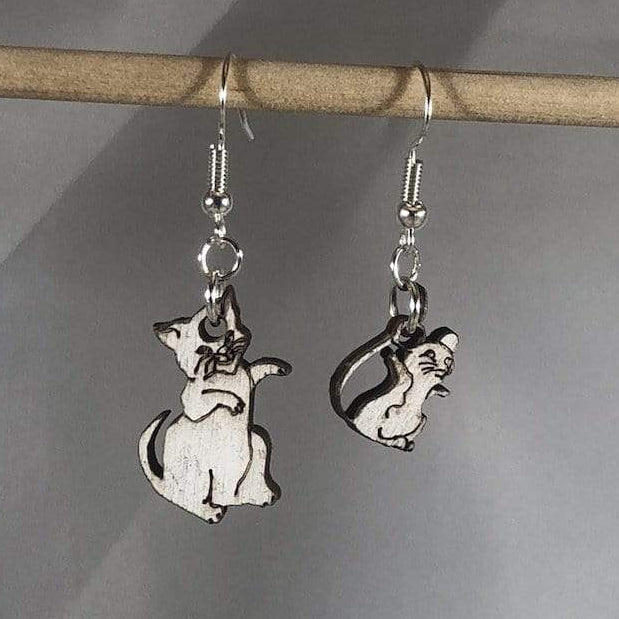 Hand-painted wooden cat and mouse mismatched dangle earrings with playful animal design and hypoallergenic sterling silver hooks, lightweight cat mouse statement jewelry earrings for fun and quirky style