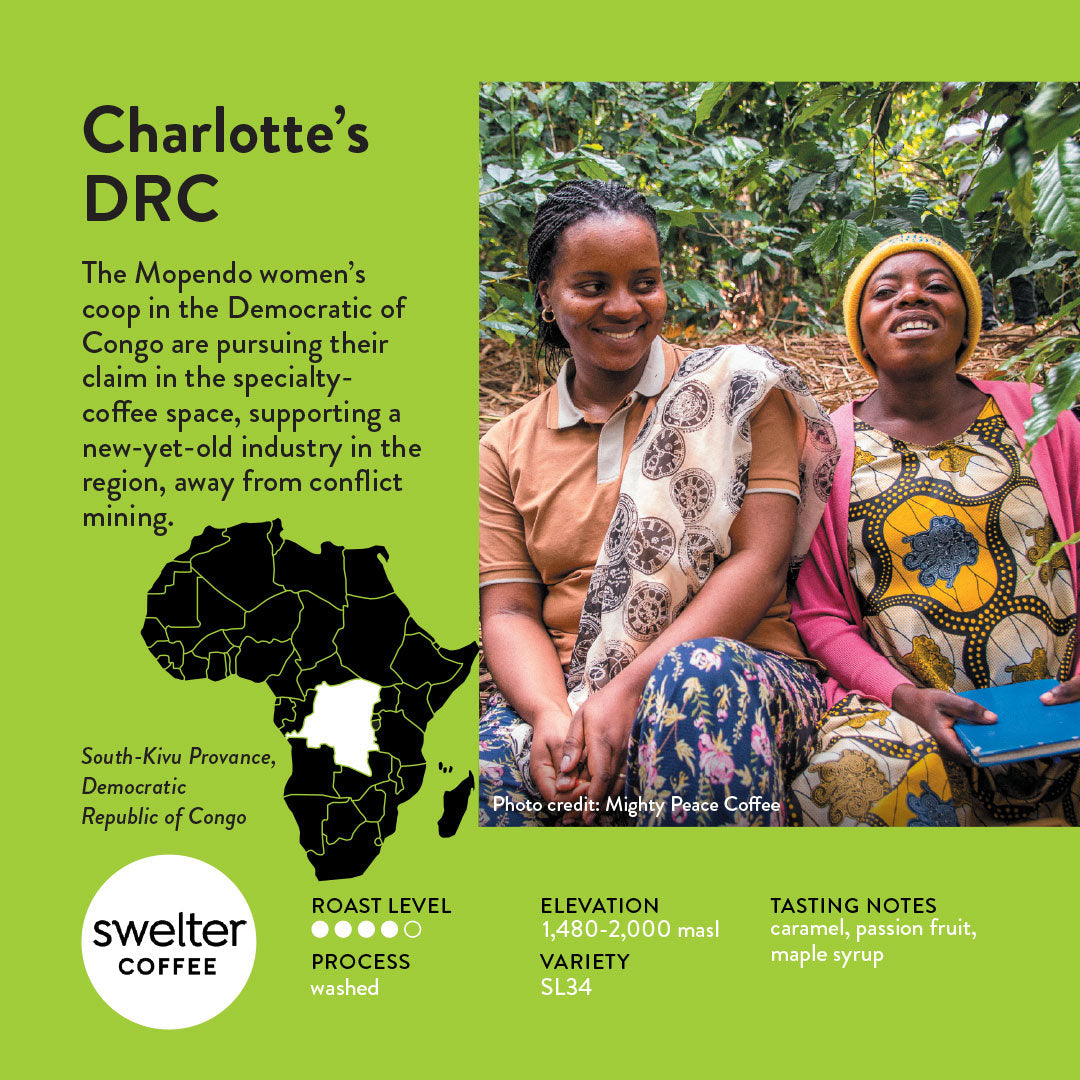 Two women producers in a coffee plantation with text about Charlotte&