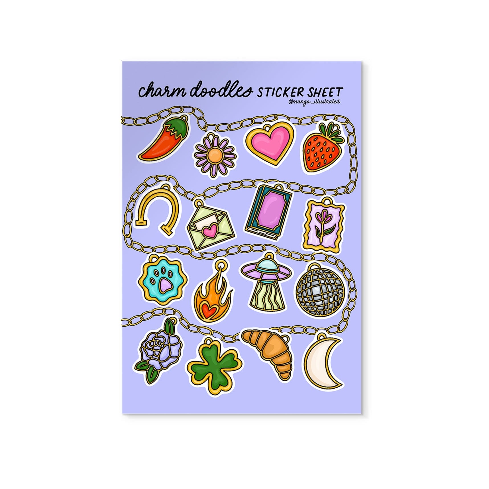 Charm Doodles Sticker Sheet — 16 hand drawn charm illustrated stickers on 4x6 in sheet by MangoIllustrated