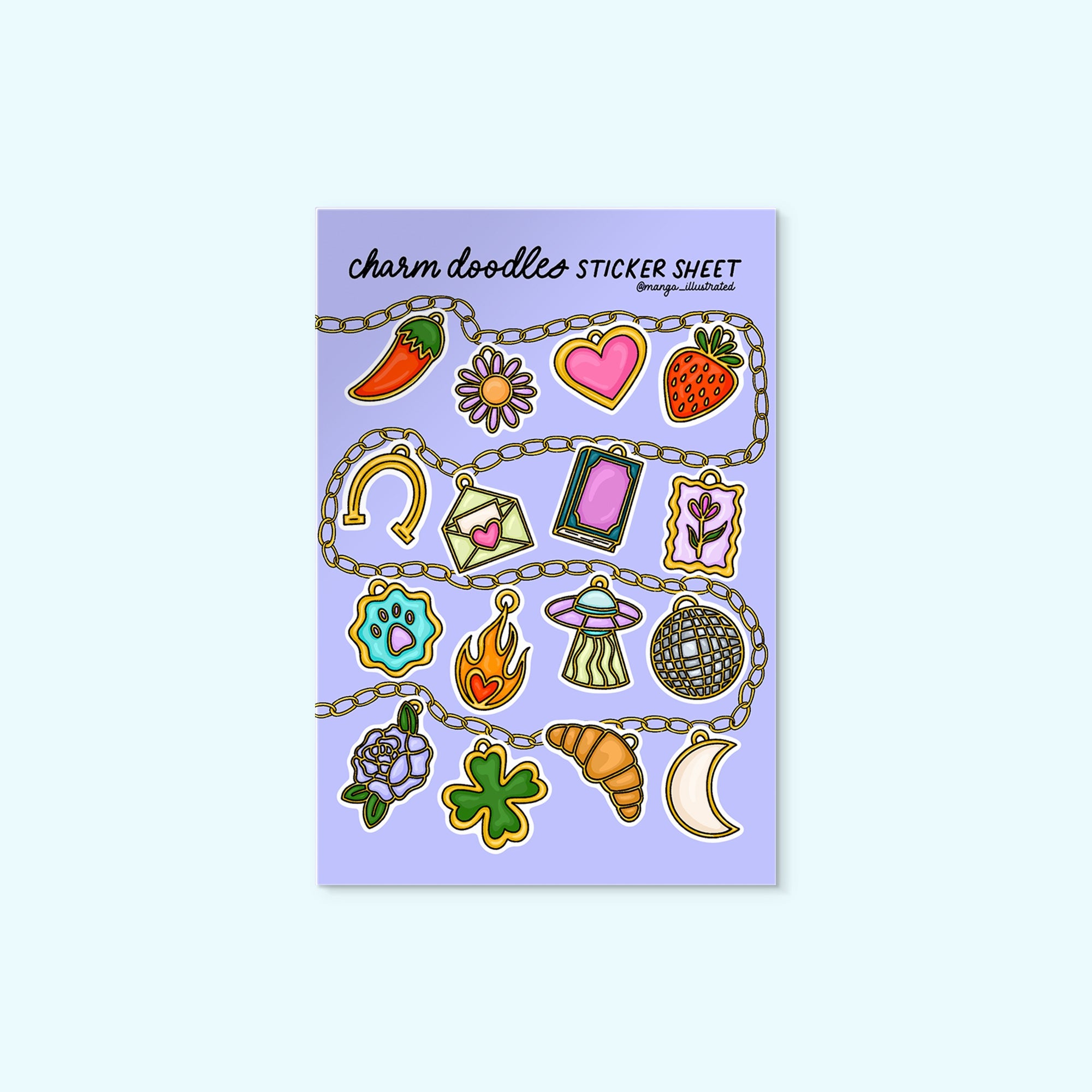 Charm Doodles Sticker Sheet flat lay — illustrated charm and trinket sticker sheet by indie artist MangoIllustrated