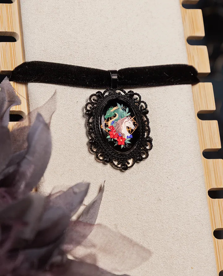Fantasy Dragon and Unicorn Choker: Victorian Mourning Jewelry with Original Hand-Painted Artwork