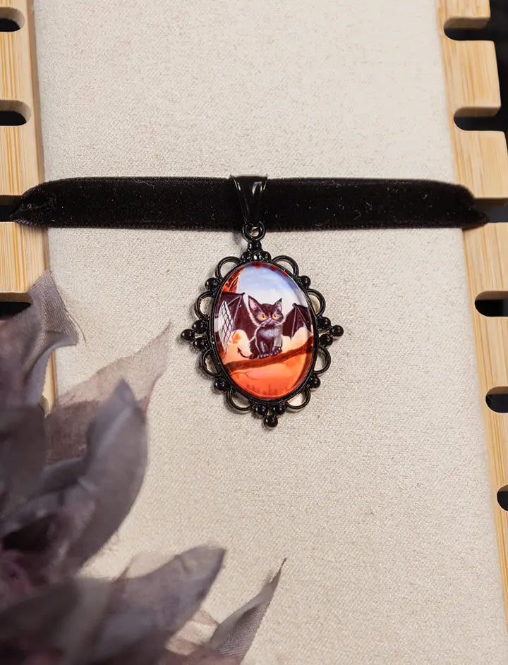 Black Cat Bat Choker: Victorian Mourning Jewelry with Original Hand-Painted Artwork