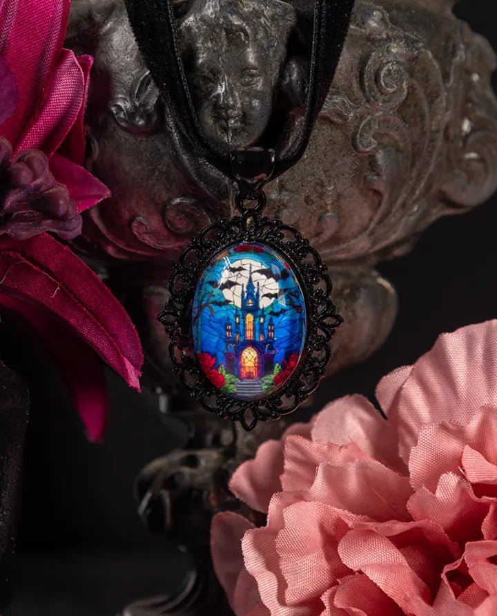 Gothic Stained Glass Choker: Victorian Mourning Jewelry with Original Hand-Painted Artwork