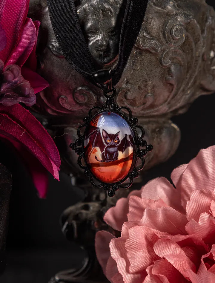 Black Cat Bat Choker: Victorian Mourning Jewelry with Original Hand-Painted Artwork