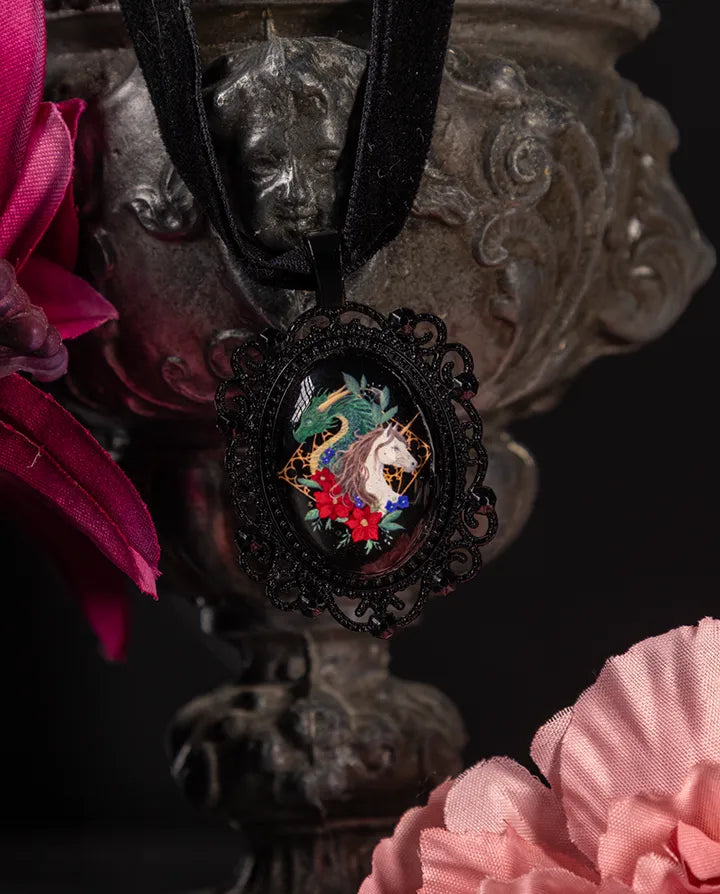 Fantasy Dragon and Unicorn Choker: Victorian Mourning Jewelry with Original Hand-Painted Artwork